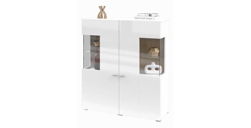 Buffet haut collection KOBEE 2 portes vitrées avec LED intégrée. Couleur blanc et chêne.