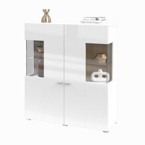 Buffet haut collection KOBEE 2 portes vitrées avec LED intégrée. Couleur blanc et chêne.
