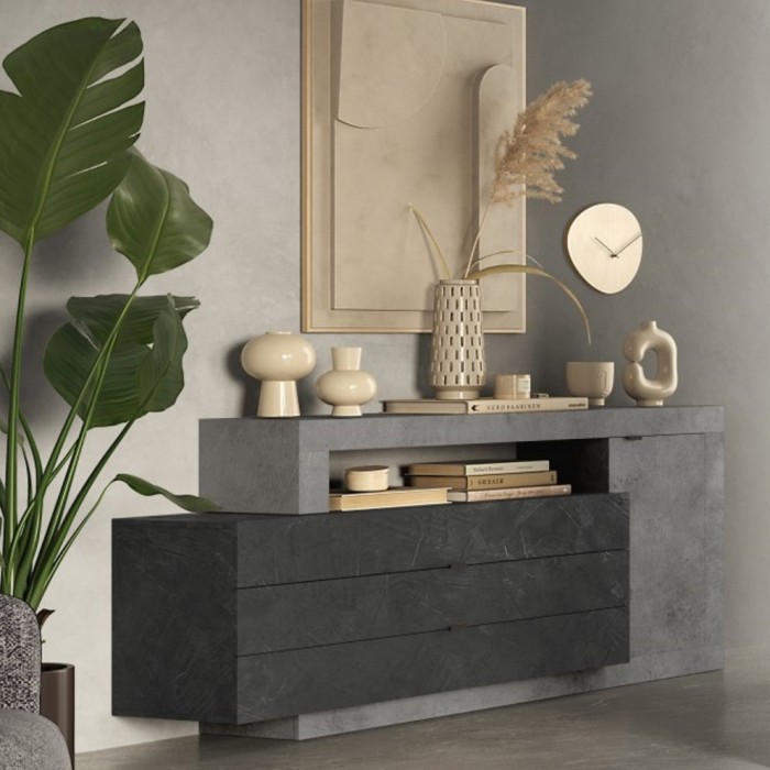 Buffet 1 porte 3 tiroirs collection DOMI. Coloris effet béton et gris anthracite