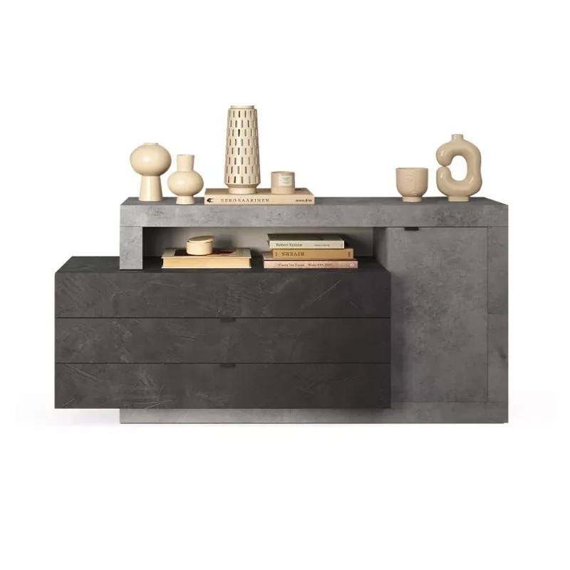 Buffet 1 porte 3 tiroirs collection DOMI. Coloris effet béton et gris anthracite
