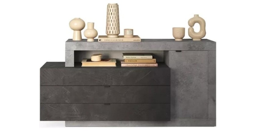 Buffet 1 porte 3 tiroirs collection DOMI. Coloris effet béton et gris anthracite