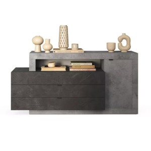 Buffet 1 porte 3 tiroirs collection DOMI. Coloris effet béton et gris anthracite