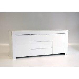 Buffet moyen 2 portes et 3 tiroirs, collection FOLOMI, coloris blanc laqué brillant