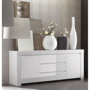 Buffet moyen 2 portes et 3 tiroirs, collection FOLOMI, coloris blanc laqué brillant