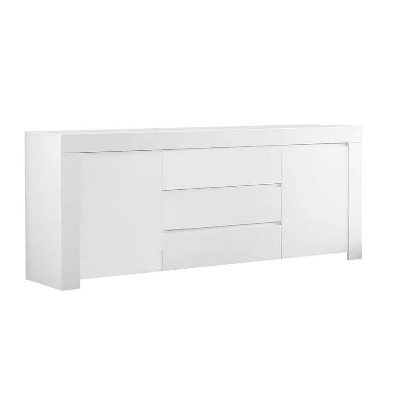 Buffet moyen 2 portes et 3 tiroirs, collection FOLOMI, coloris blanc laqué brillant