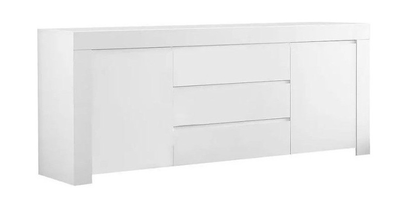 Buffet moyen 2 portes et 3 tiroirs, collection FOLOMI, coloris blanc laqué brillant