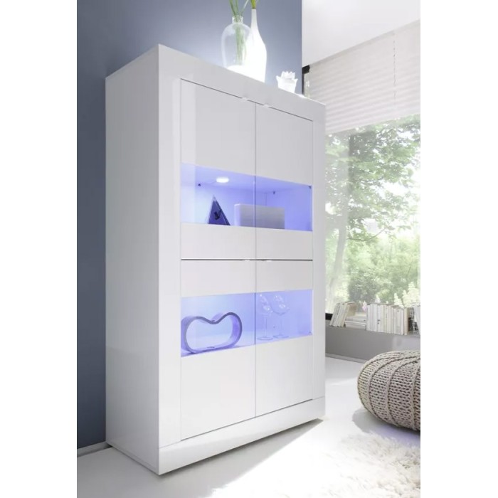 Vitrine 4 portes en verre sans éclairage, collection CISA, coloris blanc laqué brillant