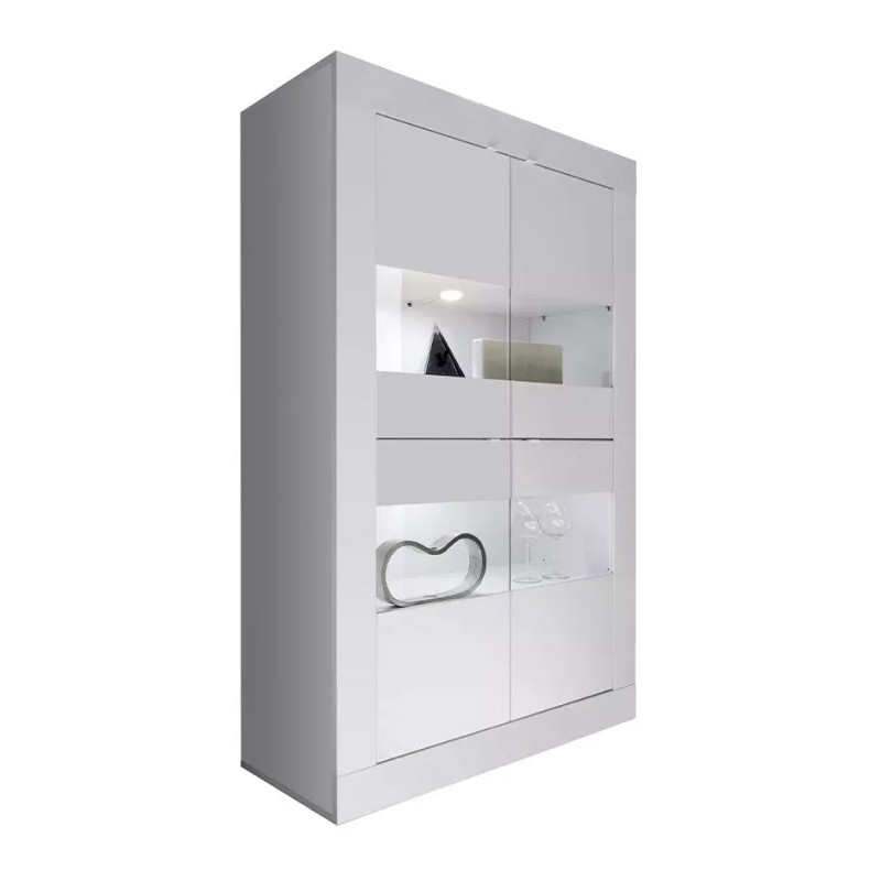Vitrine 4 portes en verre sans éclairage, collection CISA, coloris blanc laqué brillant