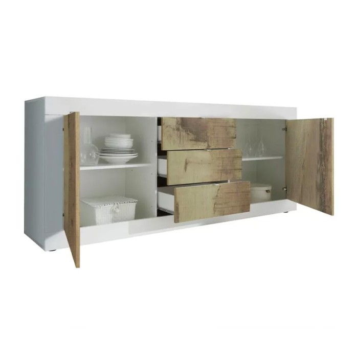 Buffet 2 portes et 3 tiroirs, collection ISORA, coloris blanc et chêne clair