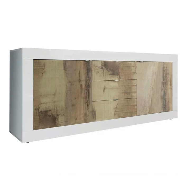 Buffet 2 portes et 3 tiroirs, collection CISA, coloris blanc et chêne clair