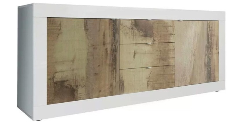 Buffet 2 portes et 3 tiroirs, collection CISA, coloris blanc et chêne clair