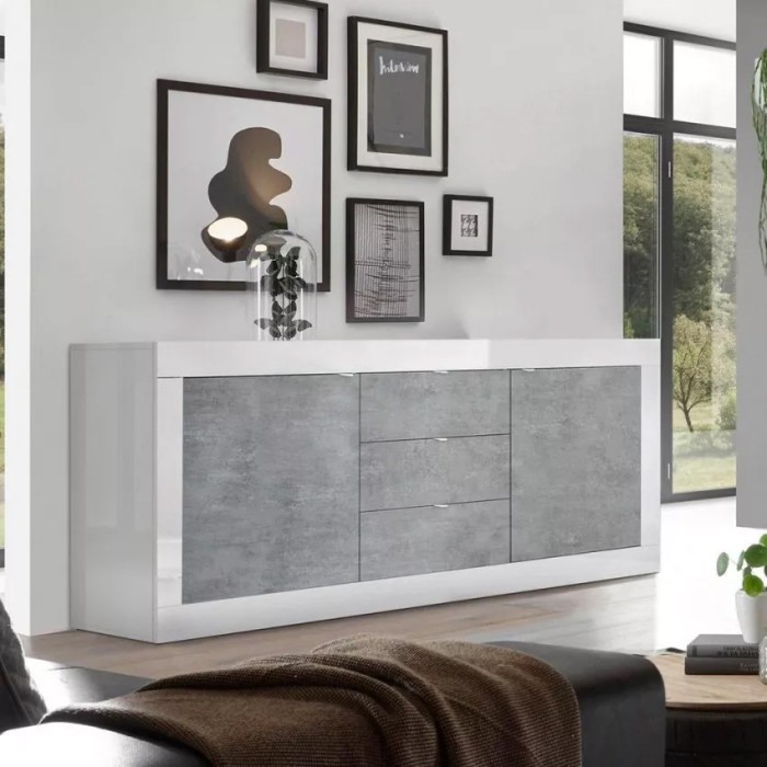 Buffet 2 portes et 3 tiroirs, collection ISORA, coloris blanc et gris effet béton