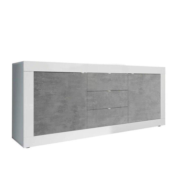 Buffet 2 portes et 3 tiroirs, collection CISA, coloris blanc et gris effet béton