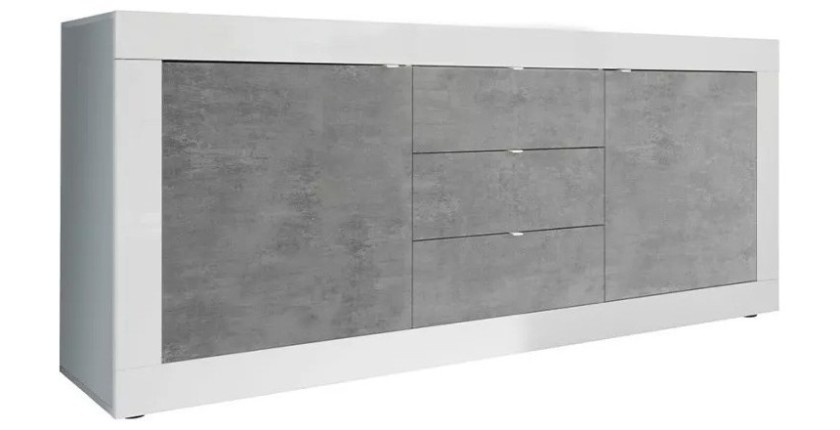 Buffet 2 portes et 3 tiroirs, collection CISA, coloris blanc et gris effet béton