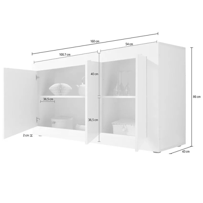 Buffet 3 portes, collection ISORA, coloris blanc laqué brillant