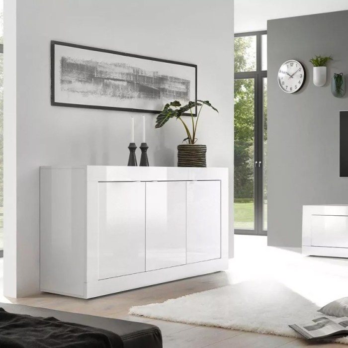 Buffet 3 portes, collection ISORA, coloris blanc laqué brillant