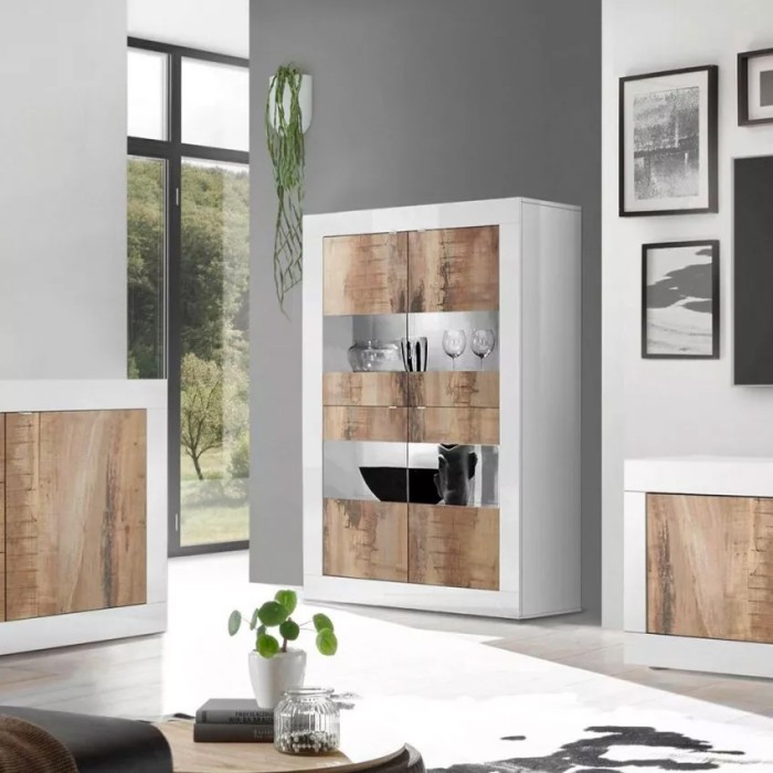 Vitrine 4 portes, collection ISORA, coloris blanc laqué brillant et chêne clair