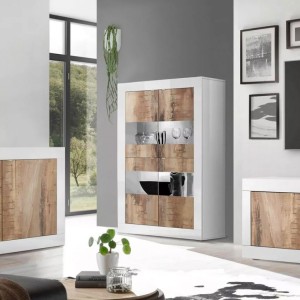 Vitrine 4 portes, collection ISORA, coloris blanc laqué brillant et chêne clair