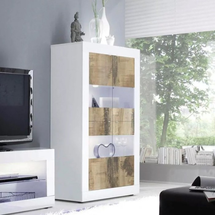 Vitrine 4 portes, collection ISORA, coloris blanc laqué brillant et chêne clair
