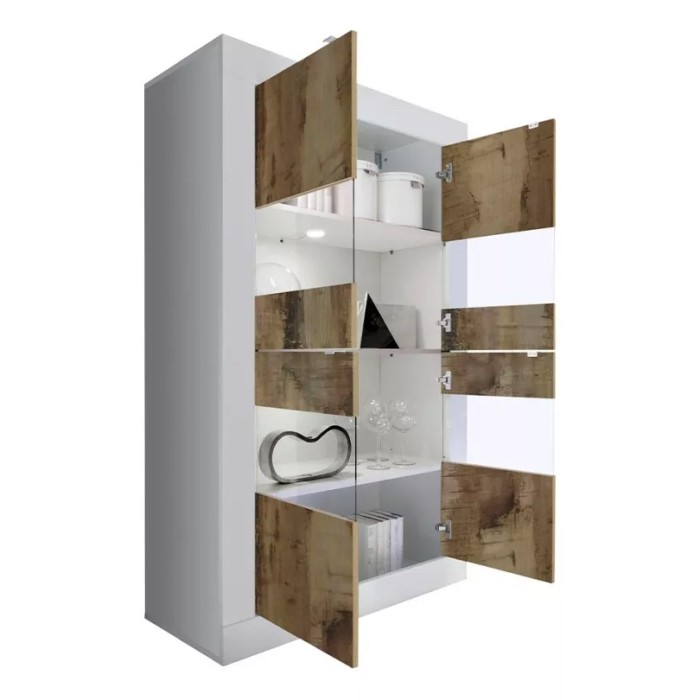 Vitrine 4 portes, collection ISORA, coloris blanc laqué brillant et chêne clair