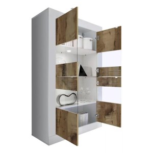 Vitrine 4 portes, collection ISORA, coloris blanc laqué brillant et chêne clair