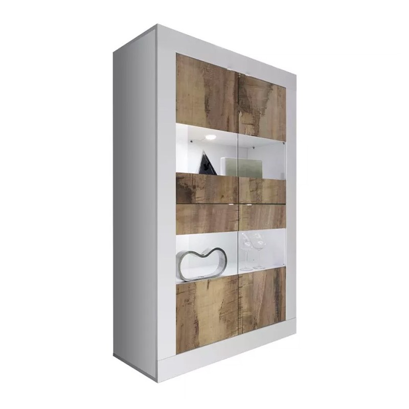 Vitrine 4 portes, collection ISORA, coloris blanc laqué brillant et chêne clair