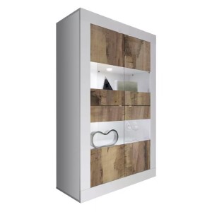 Vitrine 4 portes, collection ISORA, coloris blanc laqué brillant et chêne clair