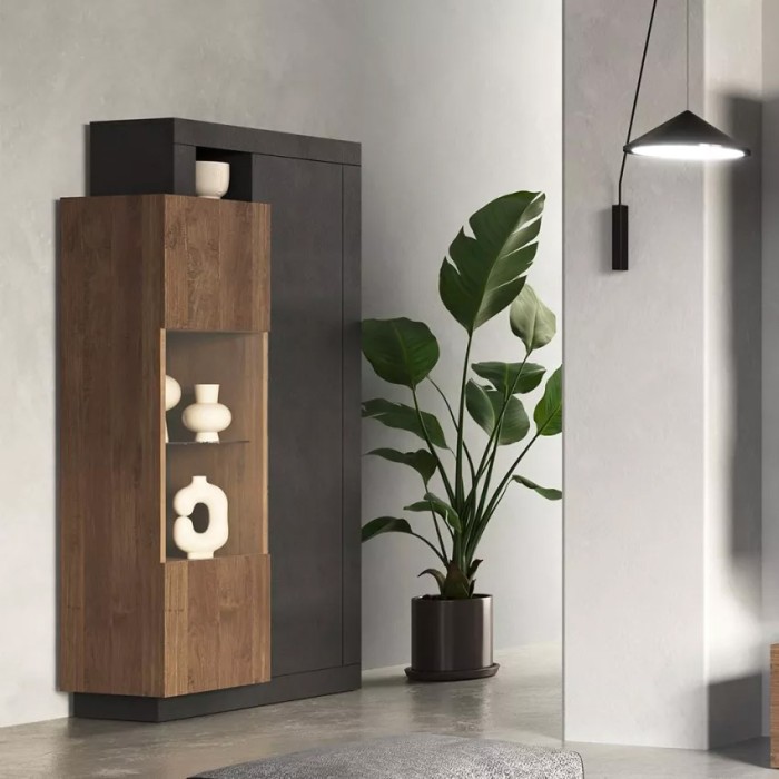 Vitrine 2 portes collection DOMI. Coloris gris anthracite et chêne foncé