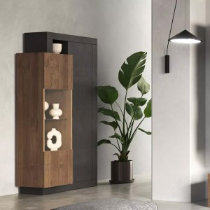 Vitrine 2 portes collection DOMI. Coloris gris anthracite et chêne foncé