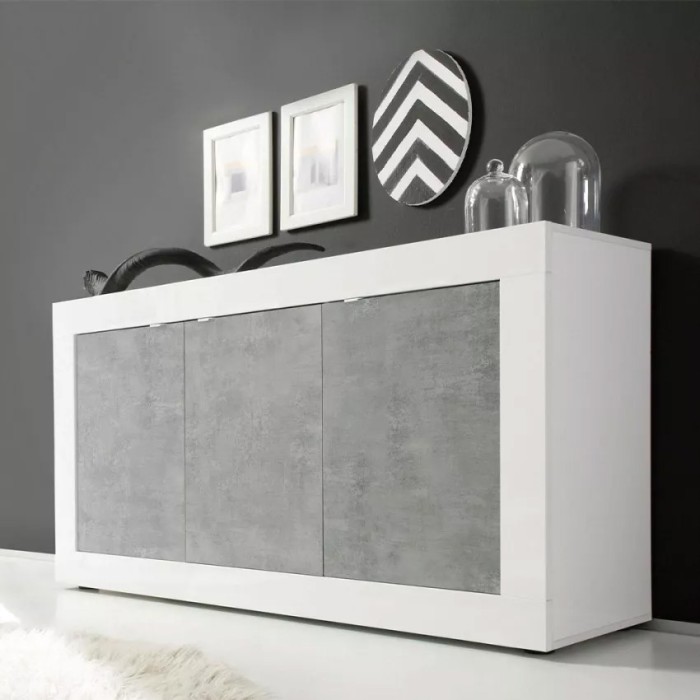Buffet 3 portes, collection CISA, coloris blanc et gris effet béton, idéal pour votre salon ou salle à manger