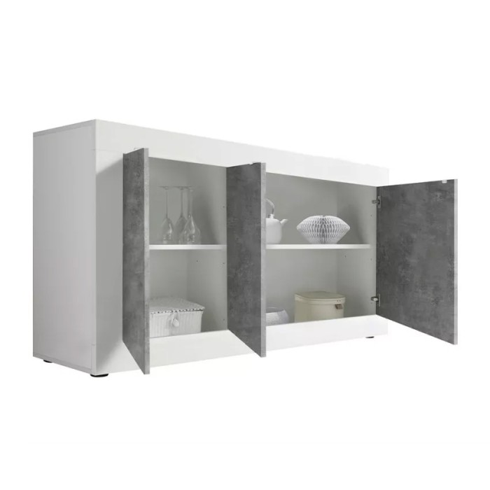 Buffet 3 portes, collection CISA, coloris blanc et gris effet béton, idéal pour votre salon ou salle à manger