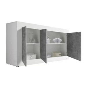 Buffet 3 portes, collection CISA, coloris blanc et gris effet béton, idéal pour votre salon ou salle à manger