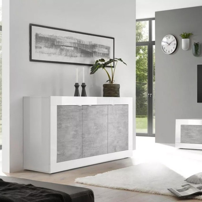 Buffet 3 portes, collection ISORA, coloris blanc et gris effet béton, idéal pour votre salon ou salle à manger