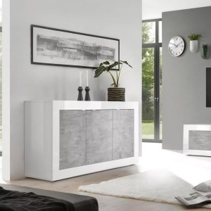 Buffet 3 portes, collection ISORA, coloris blanc et gris effet béton, idéal pour votre salon ou salle à manger