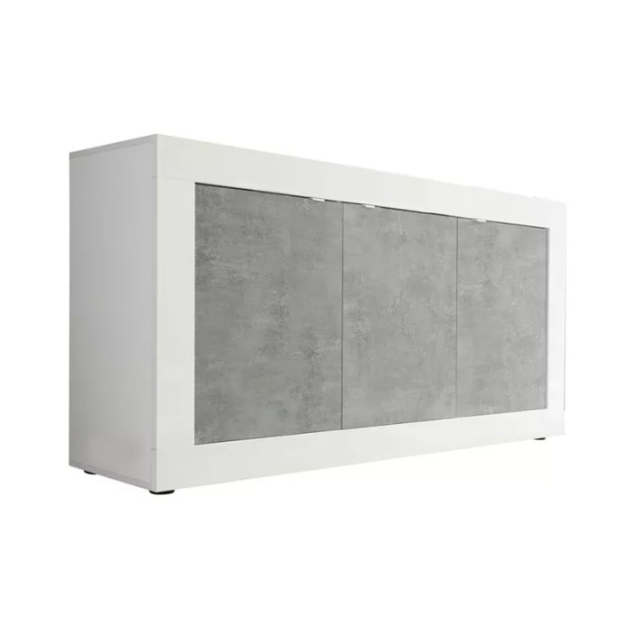 Buffet 3 portes, collection CISA, coloris blanc et gris effet béton, idéal pour votre salon ou salle à manger