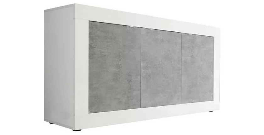 Buffet 3 portes, collection CISA, coloris blanc et gris effet béton, idéal pour votre salon ou salle à manger