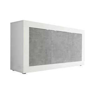 Buffet 3 portes, collection CISA, coloris blanc et gris effet béton, idéal pour votre salon ou salle à manger