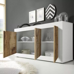 Buffet 3 portes, collection ISORA, coloris blanc et chêne clair, idéal pour votre salon ou salle à manger
