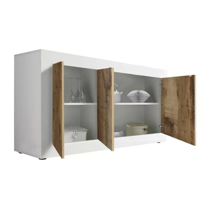 Buffet 3 portes, collection ISORA, coloris blanc et chêne clair, idéal pour votre salon ou salle à manger