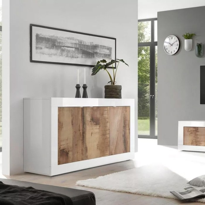 Buffet 3 portes, collection ISORA, coloris blanc et chêne clair, idéal pour votre salon ou salle à manger