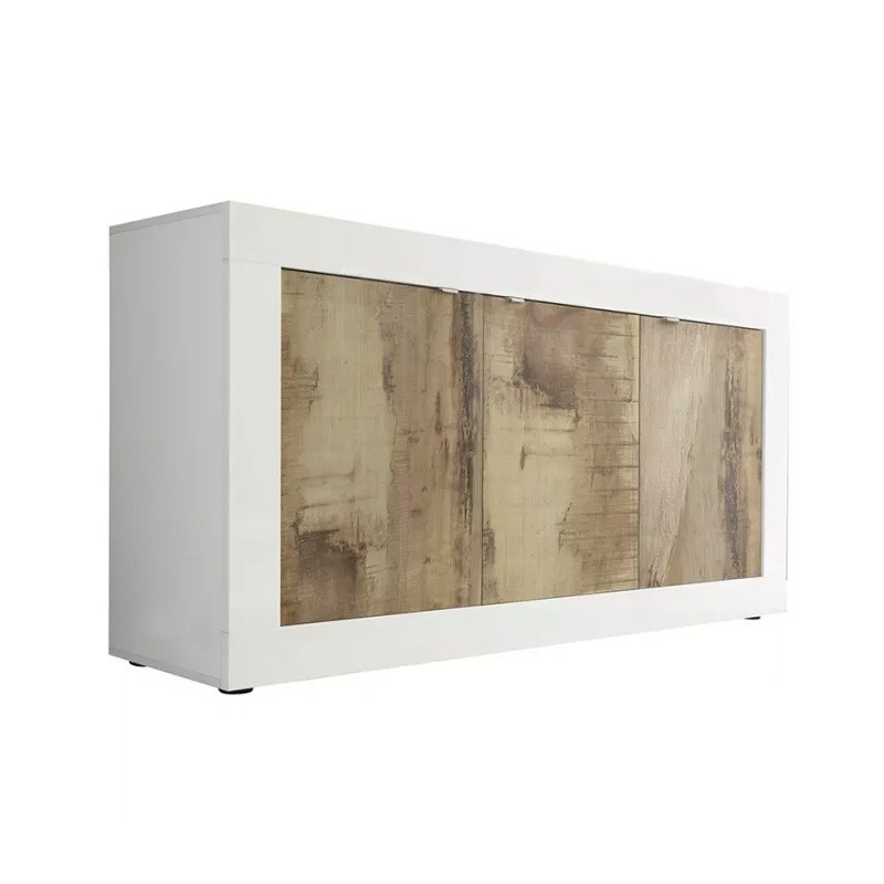 Buffet 3 portes, collection CISA, coloris blanc et chêne clair, idéal pour votre salon ou salle à manger