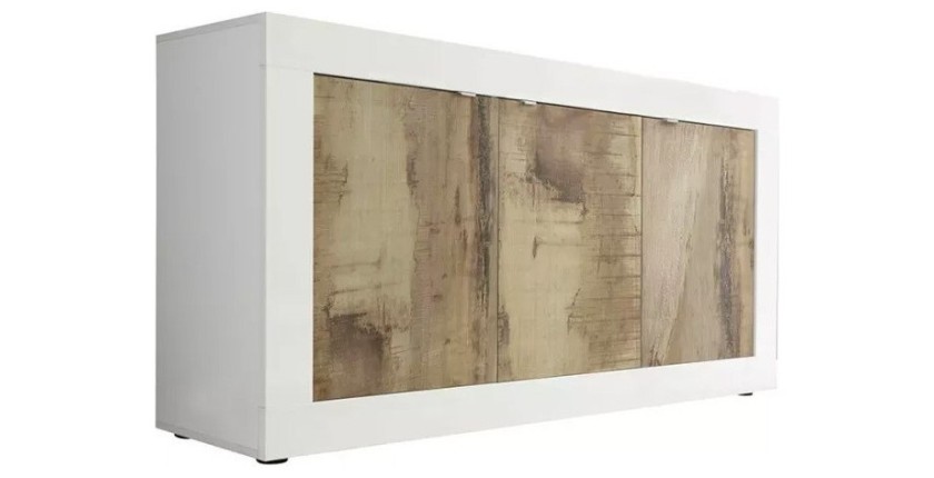 Buffet 3 portes, collection CISA, coloris blanc et chêne clair, idéal pour votre salon ou salle à manger