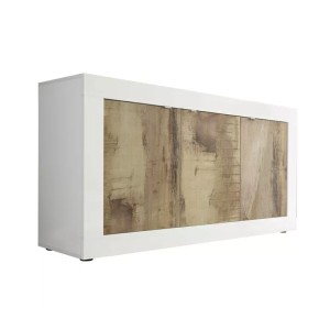 Buffet 3 portes, collection CISA, coloris blanc et chêne clair, idéal pour votre salon ou salle à manger