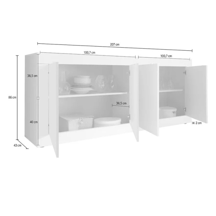 Buffet 4 portes, collection ISORA, blanc laqué brillant/chêne clair, idéal pour salon moderne