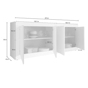 Buffet 4 portes, collection ISORA, blanc laqué brillant/chêne clair, idéal pour salon moderne