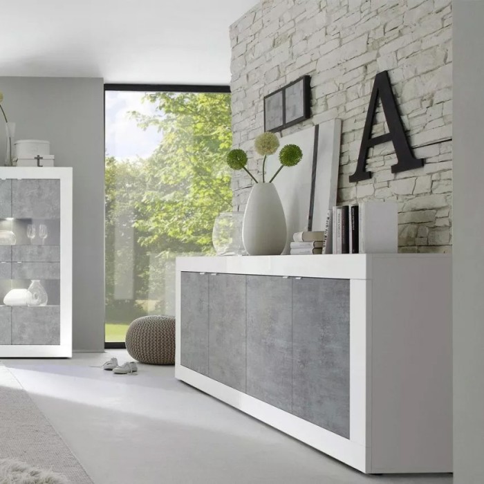Buffet 4 portes, collection ISORA, blanc laqué brillant/chêne clair, idéal pour salon moderne