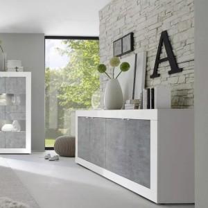 Buffet 4 portes, collection ISORA, blanc laqué brillant/chêne clair, idéal pour salon moderne