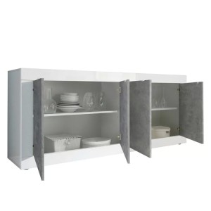 Buffet 4 portes, collection ISORA, blanc laqué brillant/chêne clair, idéal pour salon moderne