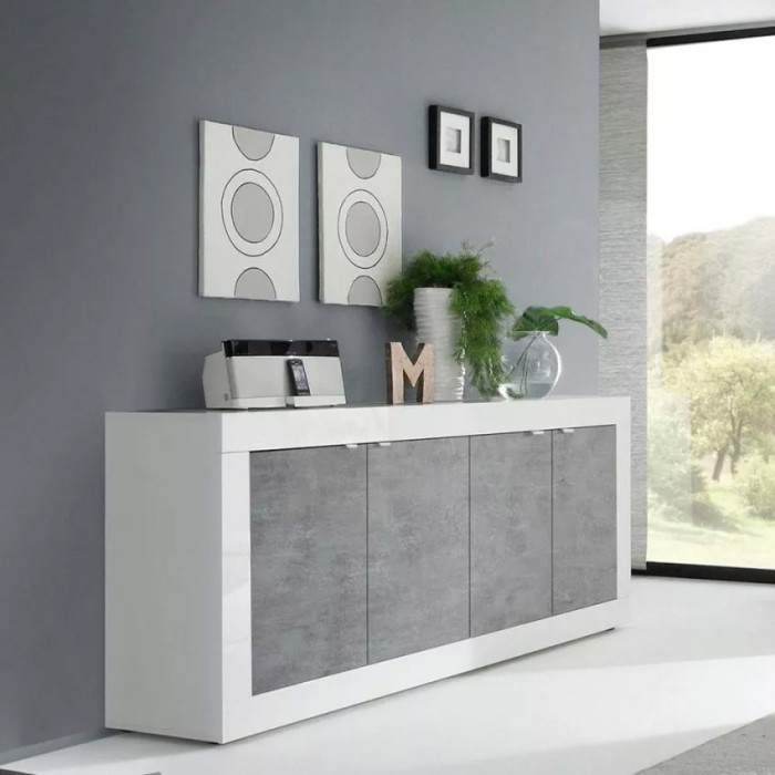 Buffet 4 portes, collection ISORA, blanc laqué brillant/chêne clair, idéal pour salon moderne