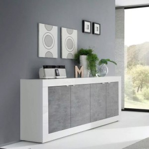 Buffet 4 portes, collection ISORA, blanc laqué brillant/chêne clair, idéal pour salon moderne